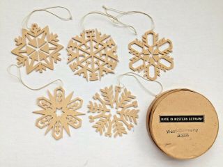 5 Vintage W Germany Erzgebirge Christmas Ornaments Die Cut Wood Snowflakes W/box