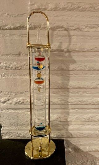 Liquid Filled Glass Galileo Thermometer With Gold Base/stand 14 " Tall Vintage