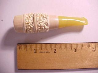 Old Meerschaum Cigar Holder Fancy Floral Carving Yellow Bakelite Mouthpiece Vg,