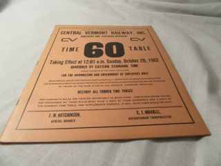 Central Vermont Railway Railroad Employee Time Table 60 1962