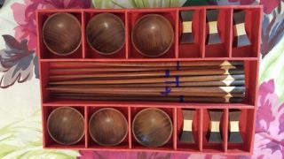 6 Wood Sushi Serving Set Chopsticks Bowls & Rests Asian In Gift Box