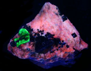 Franklinite crystals w willemite,  calcite fluorescent minerals Franklin,  NJ 2