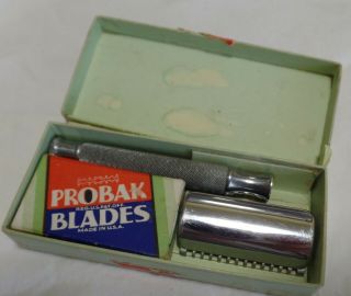 Vintage Antique Probak Chrome Shaving Safety Razor & 8 Razor Blades With Boxes