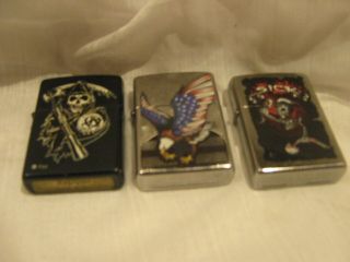 3 Zippo Lighters,  Bradford Pa Lighters Sons Of Anarchy,  Sick,  Grim Reaper