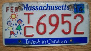 Single Massachusetts License Plate - 2014 - Tc6952 - Invest In Children