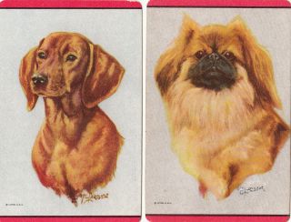 2 Playing Swap Cards Us Litho Blank Backs - Dogs Pekingese & Dachshund - Artist