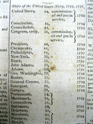 RARE 1813 newspaper List of US NAVY WARSHIPS at end of JOHN ADAMS PRESIDENCY 3