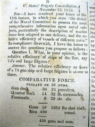 RARE 1813 newspaper List of US NAVY WARSHIPS at end of JOHN ADAMS PRESIDENCY 5