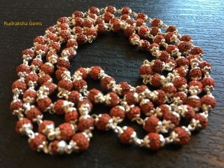 Rudraksha Rudraksh 92.  5 Sterling Silver Japa Mala Rosary 108,  1 Beads Hindu Om