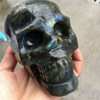 Large Elaborate Carved Flash Labradorite Quartz Crystal Gem Stone Skull
