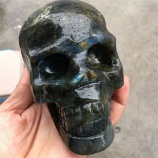 Large Elaborate Carved flash Labradorite quartz Crystal Gem Stone skull 2