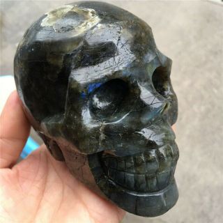 Large Elaborate Carved flash Labradorite quartz Crystal Gem Stone skull 3