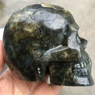 Large Elaborate Carved flash Labradorite quartz Crystal Gem Stone skull 4
