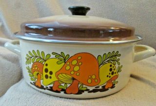 Vintage Enamel Merry Mushroom Dutch Oven Stock Pot Pan Cookware Retro 60s 70s