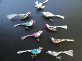 9 Vtg Christmas Mercury Glass Bird Ornaments - 8 Clip On - 1 Flying Spun Wings
