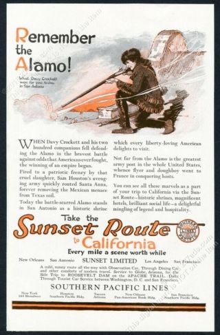1921 Davy Crockett The Alamo Art Southern Pacific Railroad Vintage Print Ad