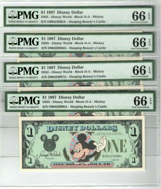 Sequential 1987 Disney Dollars $1 Mickey Mouse Pmg 66 With Envelopes