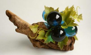 Fine Vintage Cluster Of Blue Lucite Grapes On Driftwood Base With Greenery