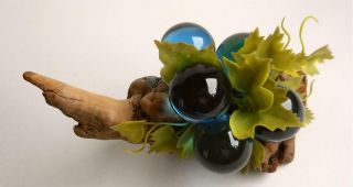 Fine Vintage Cluster Of Blue Lucite Grapes On Driftwood Base With Greenery 3