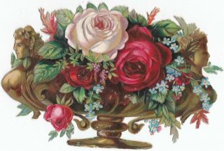 Vintage Victorian Die Cut Scrap Golden Vase Of Flowers 4 3/4