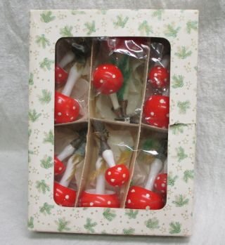 Red Mushrooms Vtg Glass Christmas Tree Ornaments W.  Germany Good Luck Fly Agaric