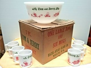 Vintage Christmas Tom & Jerry Punch Bowl Eggnog Set,  6 Cups/mugs,  Box Hazel Atlas