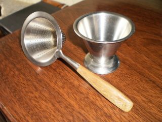 Vintage Stainless Steel Tea Strainer And Stand With Wood Handle,  By Rico.