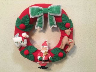 House Of Hatten Christmas Wreath 13 1/2 " Fabric Santa Reindeer Sheep