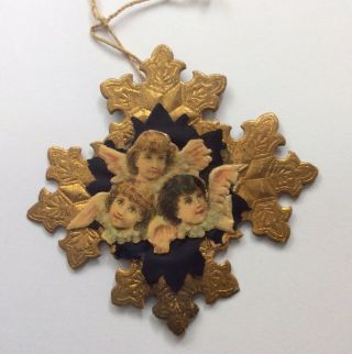 Antique Victorian Die Cut Embossed Dresden Angel Gold Medallion Paper Christmas