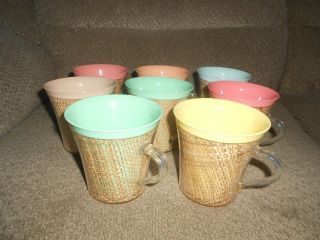 Vintage Raffia Ware Insulated Set Of 8 Coffee Cups -