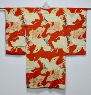 Japanese Kimono Silk Antique Juban / Crane / Orange / Silk Fabric /119