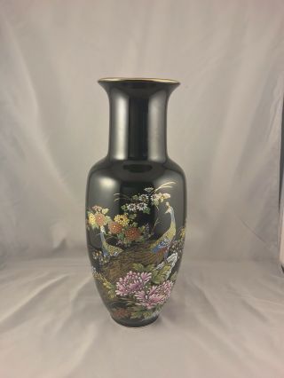 Mci Japanese Black Glazed Vase With Multi - Colored Peacock Design Vintage 12.  5”