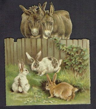 Shaped Victorian Christmas Card Donkeys Watching Rabbits Embossed
