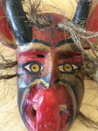 Vintage Red Devil Mask Wood Hand Carved Painted Horns Fangs Wall Art