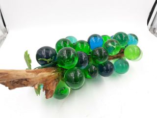 Vintage Blue/green Lucite & Glass Large Grape Cluster / Driftwood Stem 17 " Long