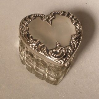 Vintage Cut Glass Heart Shaped Box With Silver Lid