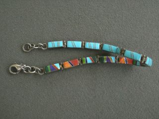 Native American Reversible Turquoise,  Multi - Stone Inlay Silver Link Bracelet