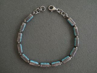 Native American Reversible Turquoise,  Multi - Stone Inlay Silver Link Bracelet 7