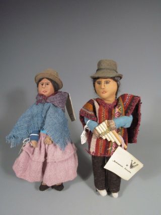 Pair Bolivia Bolivian Artesania Sorata Wool/cotton Dolls Ex.  Newark Museum Coll.