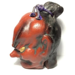 Japanese Ceramic Cray Bell Noh Head Pottery Figure Sign Hand Art H.  11 Cm.  001
