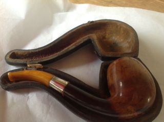 Antique Meerschaum Pipe,  Silver Band,  Amber Stem,  Leather Case - Great Colour