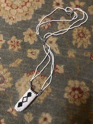 Beaded Native American White And Black Pouch Bag Necklace