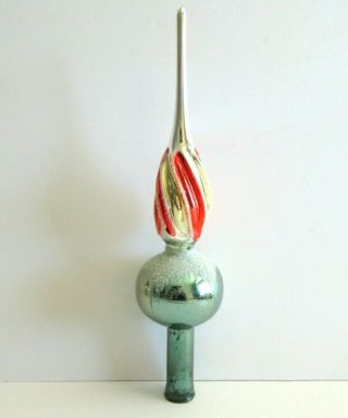 Vintage Mercury Glass Christmas Tree Topper 11 " Green Red Gold Swirl Spire Mica
