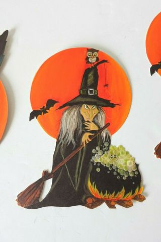 Vintage Halloween Decorations Die Cut Hallmark Witch Cat Pumpkin Mid - Century 7