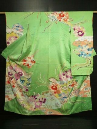 0724s01z990 Vintage Japanese Kimono Silk Furisode Light Green Folding Fan