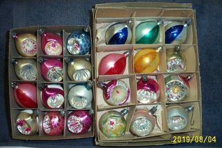 2 Boxes Of Vintage Glass Poland Indented Xmas Tree Ornaments