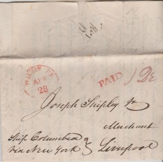 1826 Usa Transatlantic Ship Letter Sent Per Columbia Black Ball Line 492 Tons