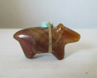Old Zuni Carved Bear Fetish With Sinew Wrapped Turquoise Medicine Bundle