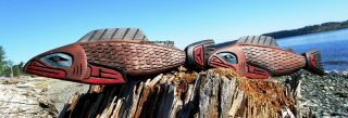 Northwest Coast First Nations Native Wooden Art Carved Double Salmon David Louis