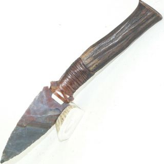 Medium Flint Knapped Agate Knife W/ Antiqued Antler Handle Stone Blade Arrowhead